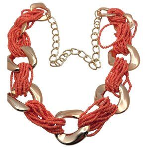 80s 90s Chunky Boho Vibe Necklace Orange Seed Bead Gold Color Links Chain Granny